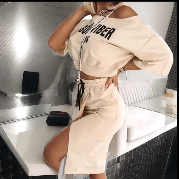GOOD VIBER PARIS Off Shoulder Elastic Waist Crop Top W/High Split 2pc Skirt Set - Picture 3 of 9